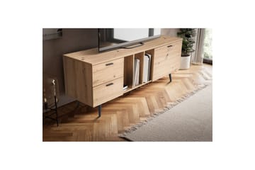 Lavbord Wohnling moderne sponplate, 2 skuffer, 1 dør, oppbevaringsbrett, metallben, moderne stil Svart, Eik - Svart, Eik - Møbler - TV- & Mediamøbler - TV benk & mediabenk