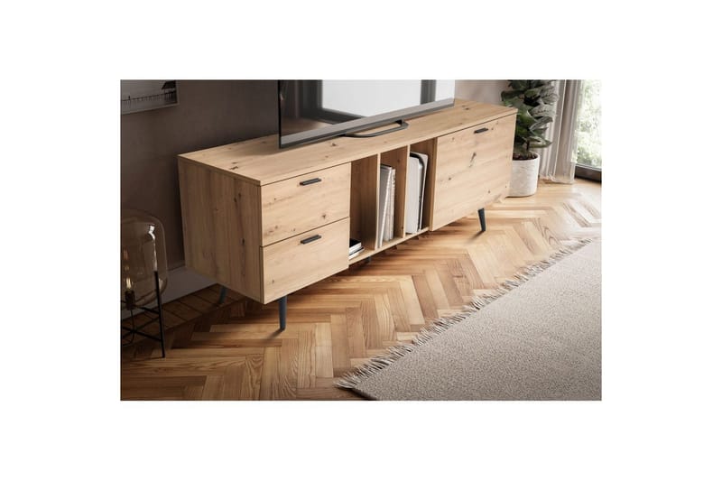 Lavbord Wohnling moderne sponplate, 2 skuffer, 1 dør, oppbevaringsbrett, metallben, moderne stil Svart, Eik - Svart, Eik - Møbler - TV- & Mediamøbler - TV benk & mediabenk