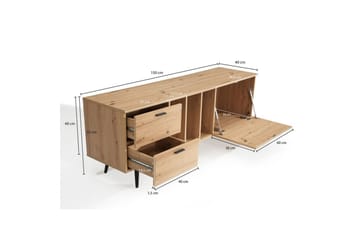 Lavbord Wohnling moderne sponplate, 2 skuffer, 1 dør, oppbevaringsbrett, metallben, moderne stil Svart, Eik - Svart, Eik - Møbler - TV- & Mediamøbler - TV benk & mediabenk