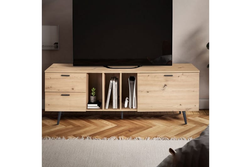 Lavbord Wohnling moderne sponplate, 2 skuffer, 1 dør, oppbevaringsbrett, metallben, moderne stil Svart, Eik - Svart, Eik - Møbler - TV- & Mediamøbler - Mediestativ & veggfeste - TV-veggfeste