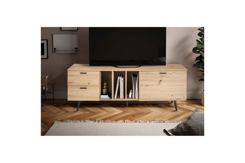 Lavbord Wohnling moderne sponplate, 2 skuffer, 1 dør, oppbevaringsbrett, metallben, moderne stil Svart, Eik - Svart, Eik - Møbler - TV- & Mediamøbler - Mediestativ & veggfeste - TV-veggfeste