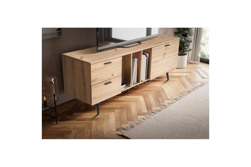 Lavbord Wohnling moderne sponplate, 2 skuffer, 1 dør, oppbevaringsbrett, metallben, moderne stil Svart, Eik - Svart, Eik - Møbler - TV- & Mediamøbler - Mediestativ & veggfeste - TV-veggfeste