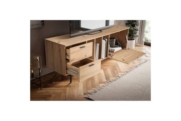 Lavbord Wohnling moderne sponplate, 2 skuffer, 1 dør, oppbevaringsbrett, metallben, moderne stil Svart, Eik - Svart, Eik - Møbler - TV- & Mediamøbler - TV benk & mediabenk