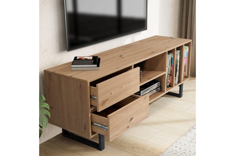 Lavbord Wohnling moderne sponplate, 2 skuffer, oppbevaringsbrett, metallben, moderne stil Eik - Eik - Møbler - TV- & Mediamøbler - TV benk & mediabenk