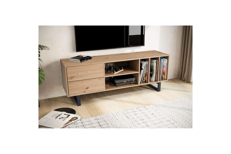 Lavbord Wohnling moderne sponplate, 2 skuffer, oppbevaringsbrett, metallben, moderne stil Eik - Eik - Møbler - TV- & Mediamøbler - TV benk & mediabenk