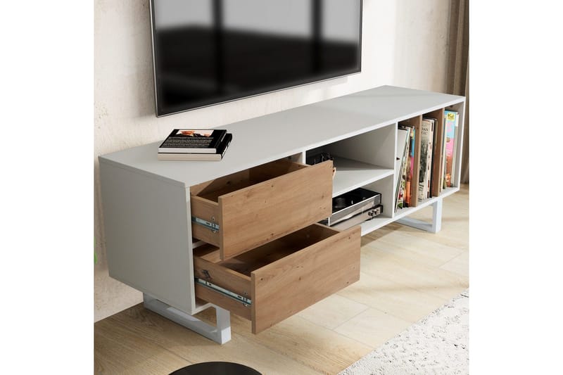 Lavbord Wohnling moderne sponplate, 2 skuffer, oppbevaringsbrett, metallben, moderne stil Hvit, eik - Hvit, eik - Møbler - TV- & Mediamøbler - TV benk & mediabenk