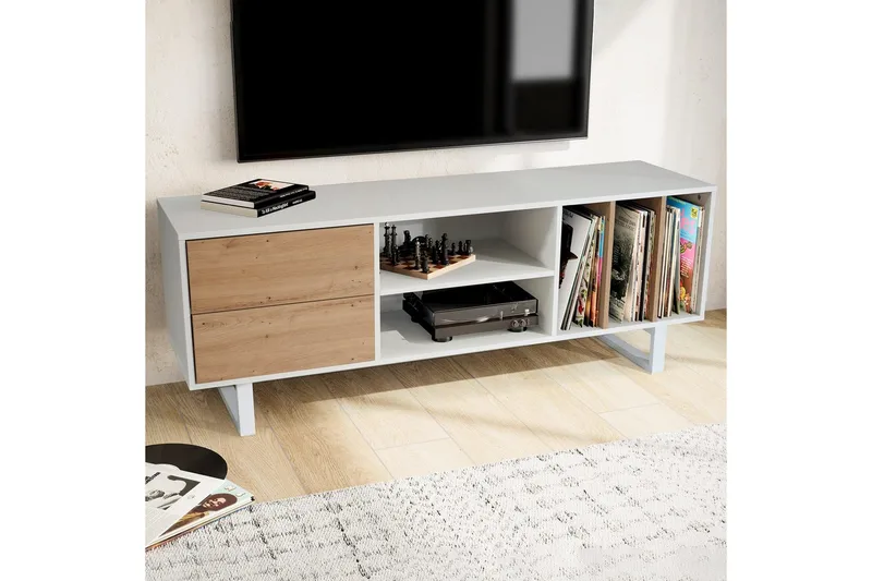 Lavbord Wohnling moderne sponplate, 2 skuffer, oppbevaringsbrett, metallben, moderne stil Hvit, eik - Hvit, eik - Møbler - TV- & Mediamøbler - TV benk & mediabenk