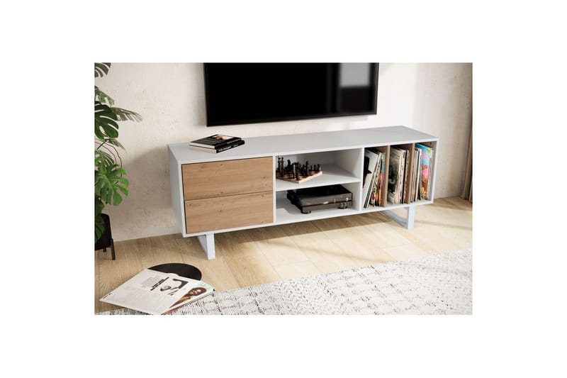 Lavbord Wohnling moderne sponplate, 2 skuffer, oppbevaringsbrett, metallben, moderne stil Hvit, eik - Hvit, eik - Møbler - TV- & Mediamøbler - Mediestativ & veggfeste - TV-veggfeste