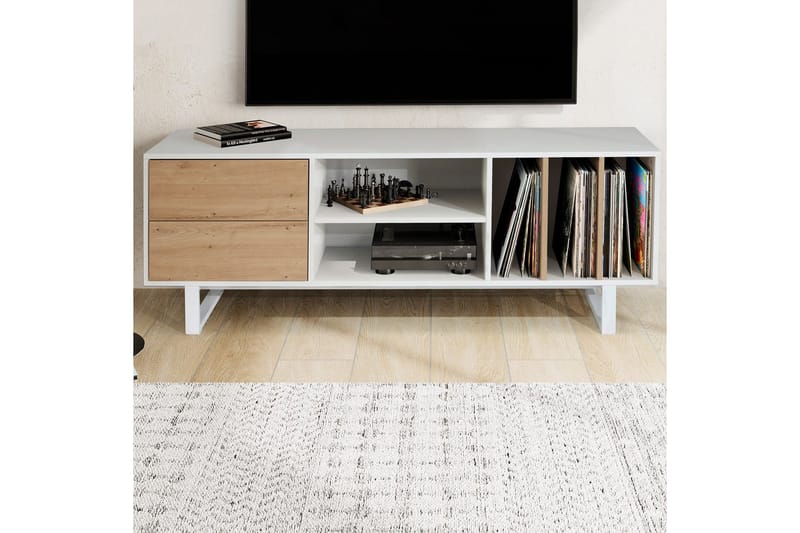 Lavbord Wohnling moderne sponplate, 2 skuffer, oppbevaringsbrett, metallben, moderne stil Hvit, eik - Hvit, eik - Møbler - TV- & Mediamøbler - Mediestativ & veggfeste - TV-veggfeste