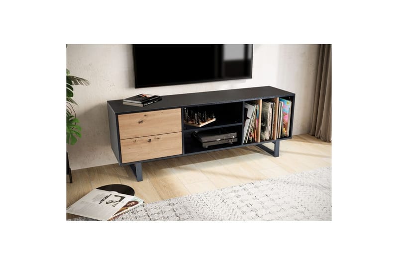 Lavbord Wohnling moderne sponplate, 2 skuffer, oppbevaringsbrett, metallben, moderne stil Svart, Eik - Svart, Eik - Møbler - TV- & Mediamøbler - Mediestativ & veggfeste - TV-veggfeste