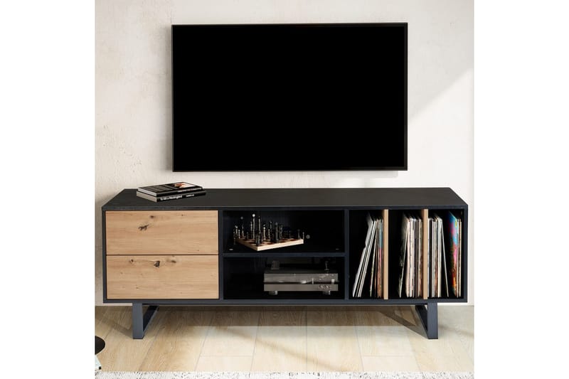 Lavbord Wohnling moderne sponplate, 2 skuffer, oppbevaringsbrett, metallben, moderne stil Svart, Eik - Svart, Eik - Møbler - TV- & Mediamøbler - Mediestativ & veggfeste - TV-veggfeste