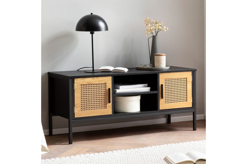 Lavbord Wohnling sponplate foliert med 2 skyvedører, wienerflette, moderne stil Svart, Eik - Svart, Eik - Møbler - TV- & Mediamøbler - Mediestativ & veggfeste - TV-veggfeste