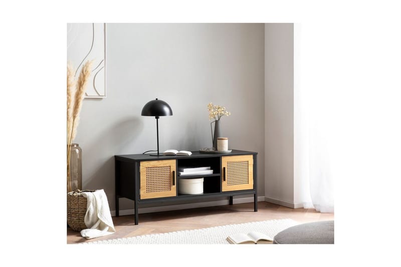 Lavbord Wohnling sponplate foliert med 2 skyvedører, wienerflette, moderne stil Svart, Eik - Svart, Eik - Møbler - TV- & Mediamøbler - TV benk & mediabenk