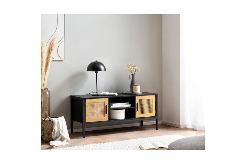 Lavbord Wohnling sponplate foliert med 2 skyvedører, wienerflette, moderne stil Svart, Eik - Svart, Eik - Møbler - TV- & Mediamøbler - TV benk & mediabenk