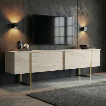 Nopira TV-benk 180 cm - Travertin og gull - Møbler - TV- & Mediamøbler - Mediestativ & veggfeste - TV-veggfeste