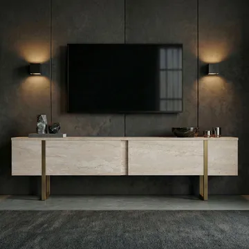 Nopira TV-benk 180 cm - Travertin og gull - Møbler - TV- & Mediamøbler - Mediestativ & veggfeste - TV-veggfeste