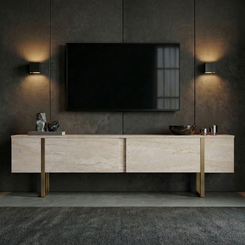Nopira TV-benk 180 cm - Travertin og gull - Møbler - TV- & Mediamøbler - Mediestativ & veggfeste - TV-veggfeste
