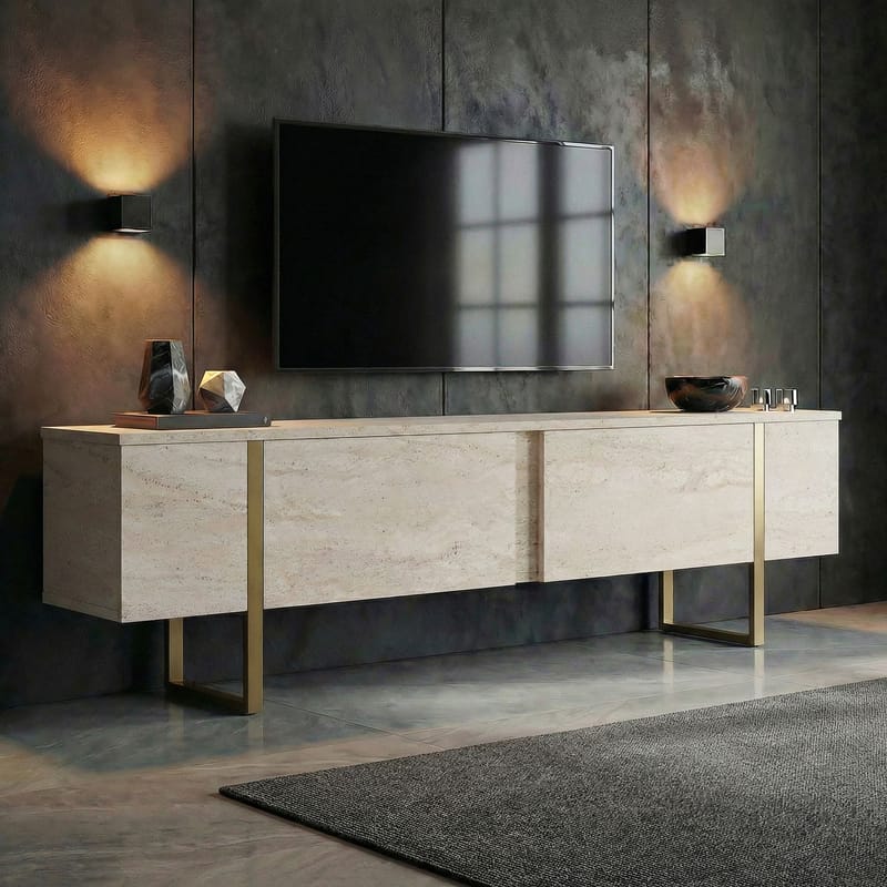 Nopira TV-benk 180 cm - Travertin/gull - Møbler - TV- & Mediamøbler - TV benk & mediabenk