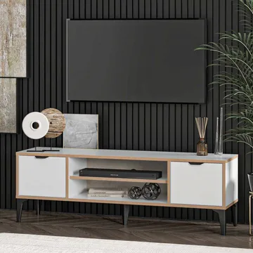Olyros TV-benk 140 cm med Oppbevaring i Tre med Metallben - Hvit - Møbler - TV- & Mediamøbler - TV benk & mediabenk
