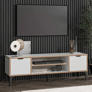 Olyros TV-benk 140 cm med Oppbevaring i Tre med Metallben - Hvit - Møbler - TV- & Mediamøbler - TV benk & mediabenk
