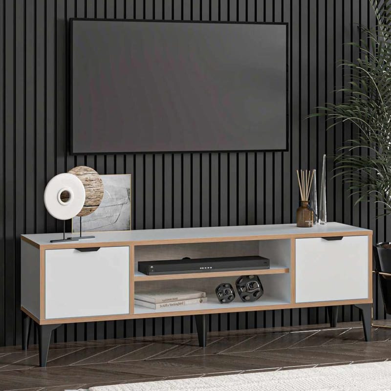 Olyros TV-benk 140 cm med Oppbevaring i Tre med Metallben - Hvit - Møbler - TV- & Mediamøbler - TV benk & mediabenk