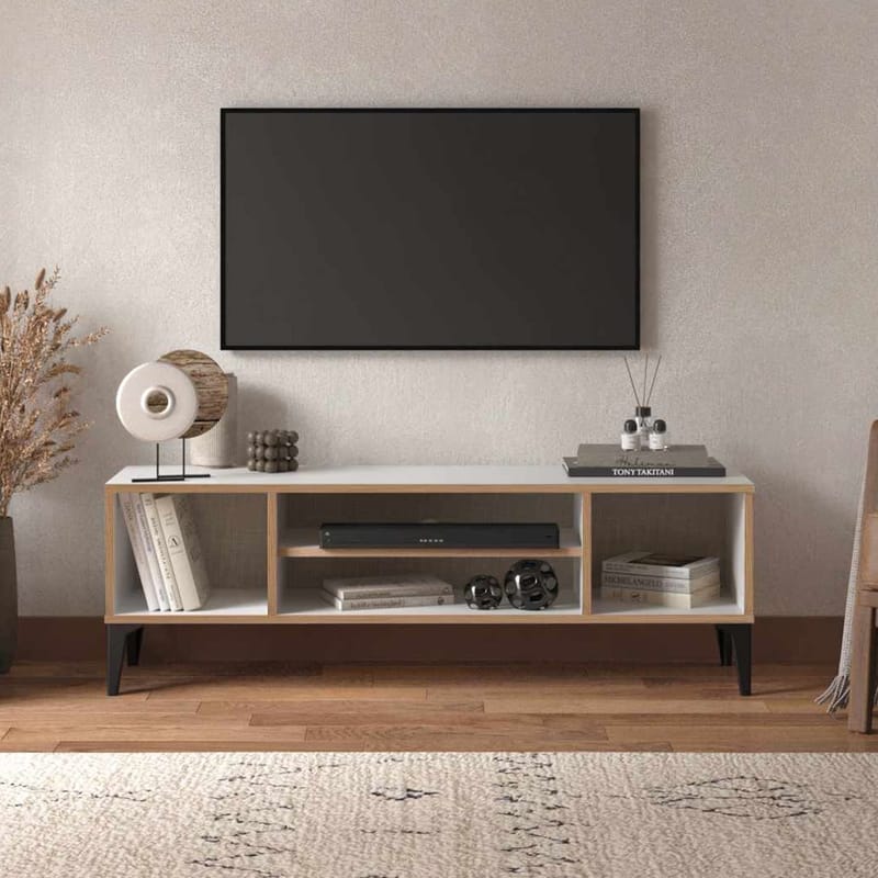 Olyros TV-benk 140 cm med Oppbevaring i Tre med Metallben - Hvit - Møbler - TV- & Mediamøbler - TV benk & mediabenk