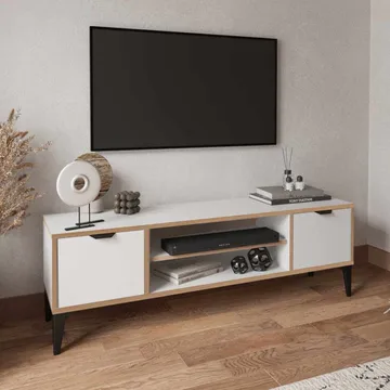 Olyros TV-benk 140 cm med Oppbevaring i Tre med Metallben - Hvit - Møbler - TV- & Mediamøbler - TV benk & mediabenk