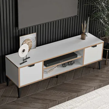 Olyros TV-benk 140 cm med Oppbevaring i Tre med Metallben - Hvit - Møbler - TV- & Mediamøbler - TV benk & mediabenk