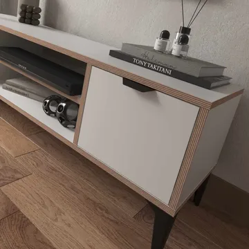 Olyros TV-benk 140 cm med Oppbevaring i Tre med Metallben - Hvit - Møbler - TV- & Mediamøbler - TV benk & mediabenk