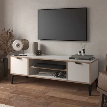 Olyros TV-benk 140 cm med Oppbevaring i Tre med Metallben - Hvit - Møbler - TV- & Mediamøbler - TV benk & mediabenk