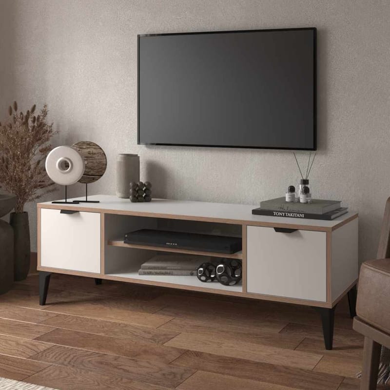 Olyros TV-benk 140 cm med Oppbevaring i Tre med Metallben - Hvit - Møbler - TV- & Mediamøbler - TV benk & mediabenk