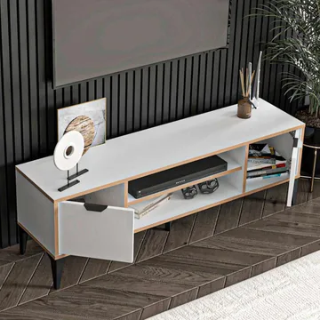 Olyros TV-benk 140 cm med Oppbevaring i Tre med Metallben - Hvit - Møbler - TV- & Mediamøbler - TV benk & mediabenk