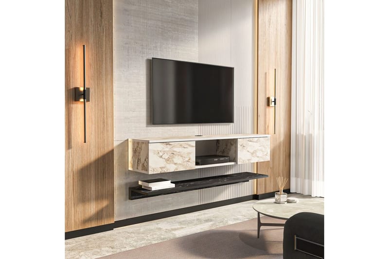 Sovric Veggmontert TV-benk 140 cm med Oppbevaring i Malt Tre - Beige Marmor - Møbler - TV- & Mediamøbler - TV benk & mediabenk
