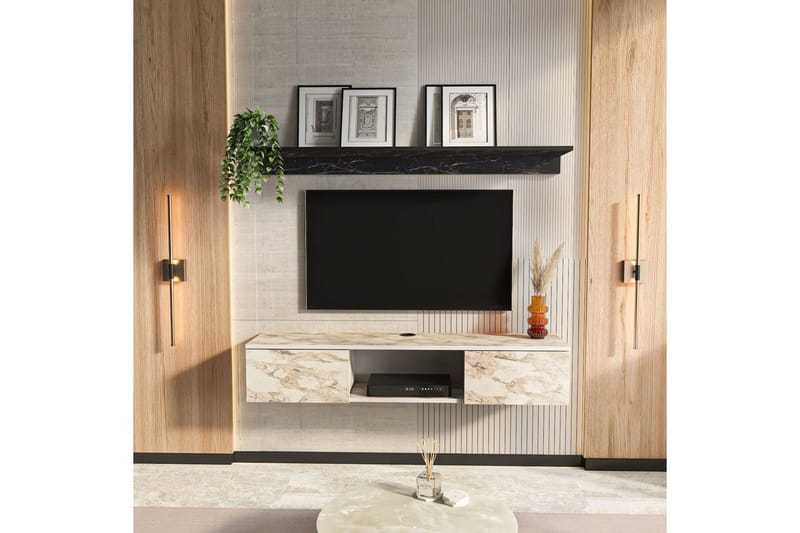 Sovric Veggmontert TV-benk 140 cm med Oppbevaring i Malt Tre - Beige Marmor - Møbler - TV- & Mediamøbler - TV benk & mediabenk