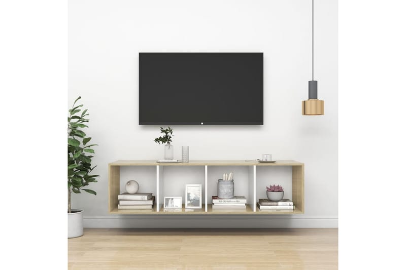 Vegghengt TV-benk sonoma eik og hvit 37x37x142,5cm sponplate - Beige - TV-veggfeste