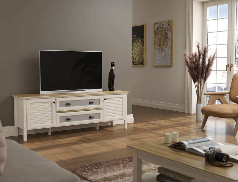 Vopira TV-benk 180 cm - Krem, eik, grå - Møbler - TV- & Mediamøbler - Mediestativ & veggfeste - TV-veggfeste