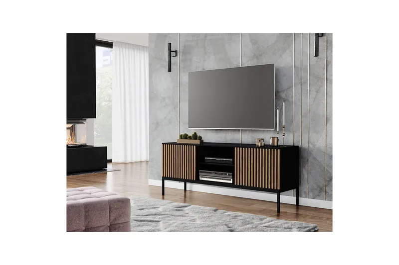 Meorati Gulvstående TV-benk 150 cm med Oppbevaring i Eik - Svart - Møbler - TV- & Mediamøbler - TV benk & mediabenk