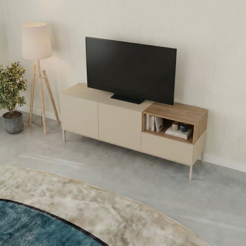 Morlen TV-benk 140 cm - Sandstein og naturlig eik - Møbler - TV- & Mediamøbler - TV benk & mediabenk