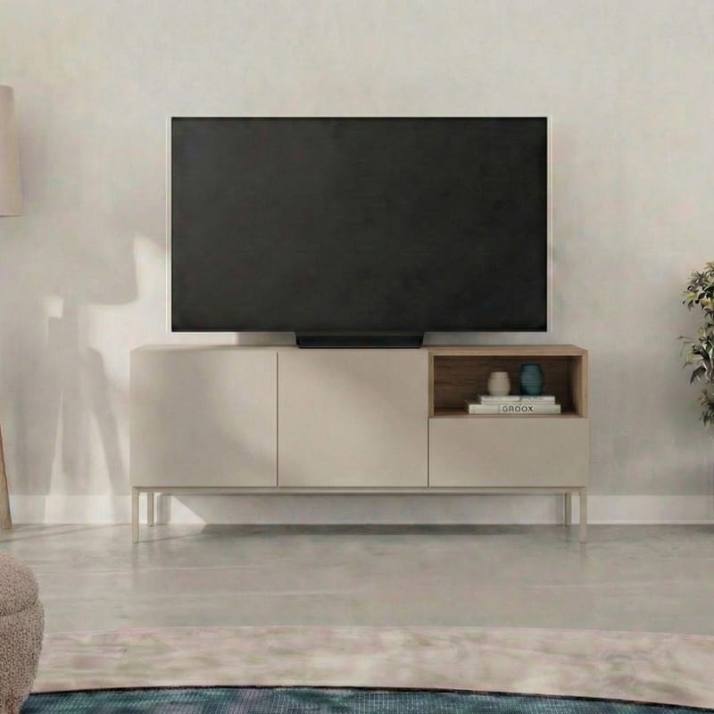 Morlen TV-benk 140 cm - Sandstein og naturlig eik - Møbler - TV- & Mediamøbler - TV benk & mediabenk