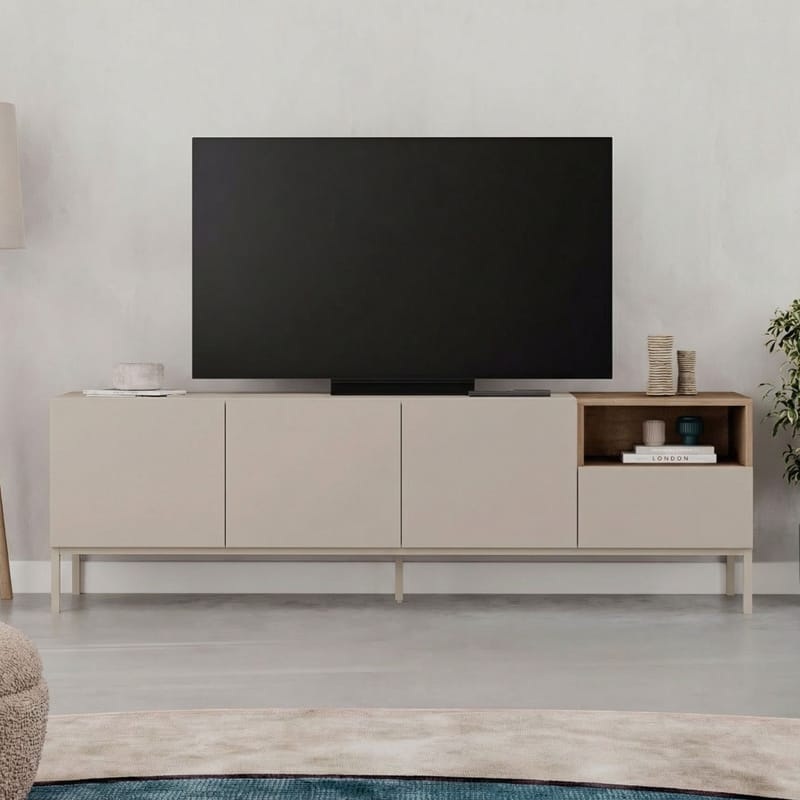 Morlen TV-benk 180x55x41,8 cm - santstone og naturlig eik - Møbler - TV- & Mediamøbler - TV benk & mediabenk
