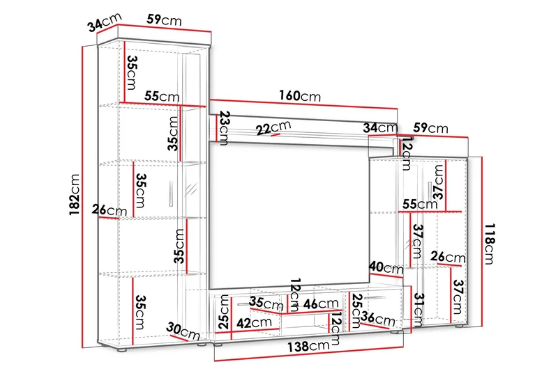 Olerum TV-møbelsett 256x40 cm - Hvit - Møbler - TV- & Mediamøbler - TV-møbelsett