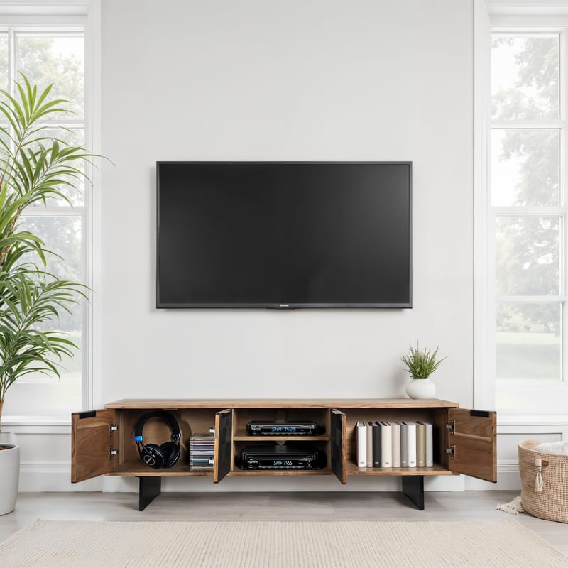 Olvian TV-benk 150 cm i massivt akasietre med fronter i steinlook og metall - Møbler - TV- & Mediamøbler - TV benk & mediabenk