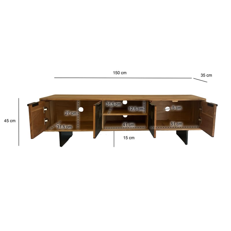 Olvian TV-benk 150 cm i massivt akasietre med fronter i steinlook og metall - Møbler - TV- & Mediamøbler - TV benk & mediabenk