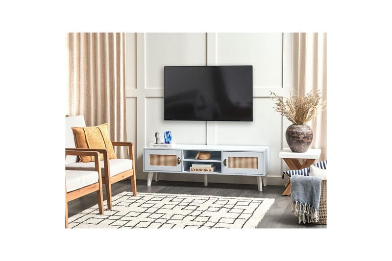 Parton Gulvstående TV-benk 140 cm med Oppbevaring i Malt Tre - Hvit|Beige - Møbler - TV- & Mediamøbler - TV benk & mediabenk
