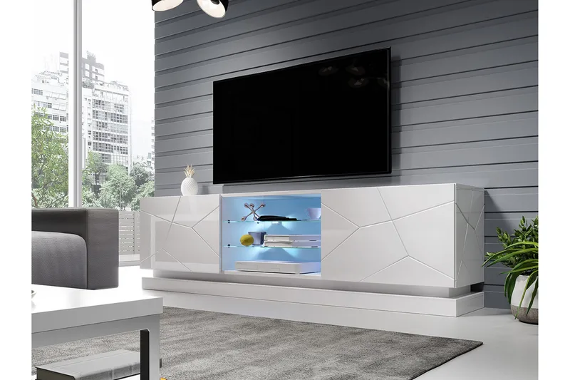 Qiu Gulvstående TV-benk 200 cm med Oppbevaring i Krakelert Hvitt Treutseende - Hvit - Møbler - TV- & Mediamøbler - TV benk & mediabenk