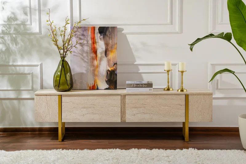 Serenity Tv-benk 180x30 cm - Travertin/Gull - Møbler - TV- & Mediamøbler - TV benk & mediabenk