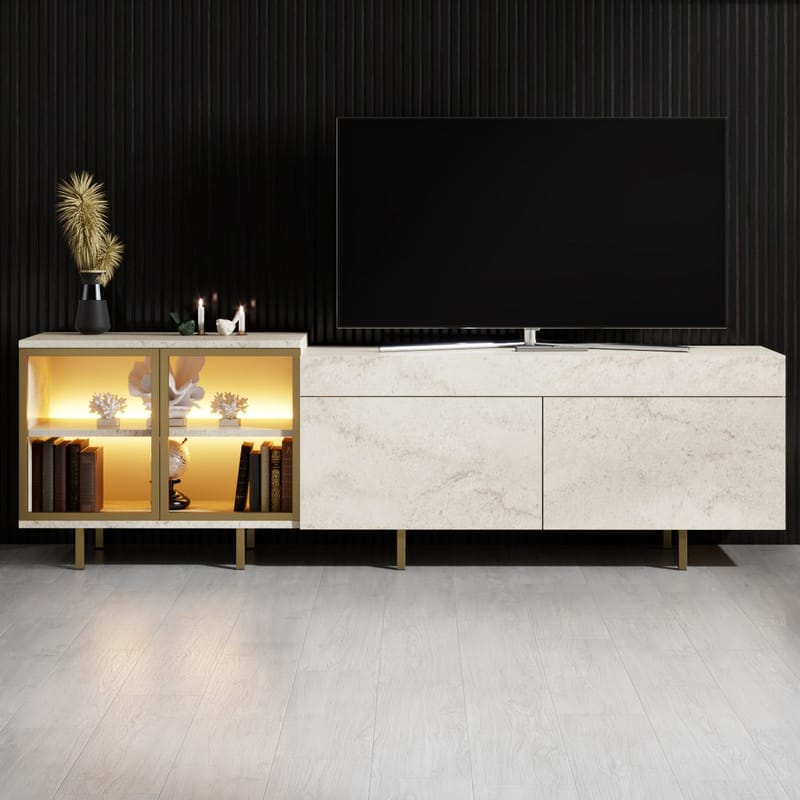 Seyring TV-benk 190 cm - Travertin og gull - Møbler - TV- & Mediamøbler - TV benk & mediabenk