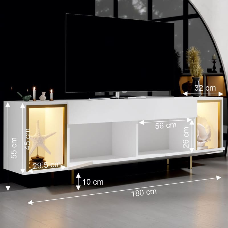 Sosan TV-benk 180x55x32 cm - Hvit/gull - Møbler - TV- & Mediamøbler - TV benk & mediabenk