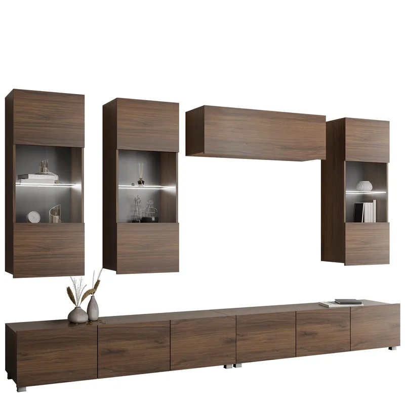 Tessan TV-veggseksjon med LED-belysning, brun