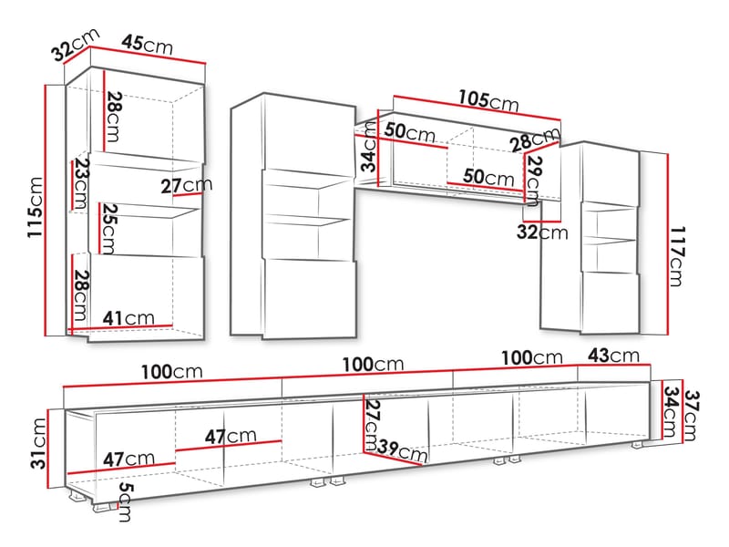 Tessan TV-veggseksjon med LED-belysning - brun - Møbler - TV- & Mediamøbler - TV-møbelsett